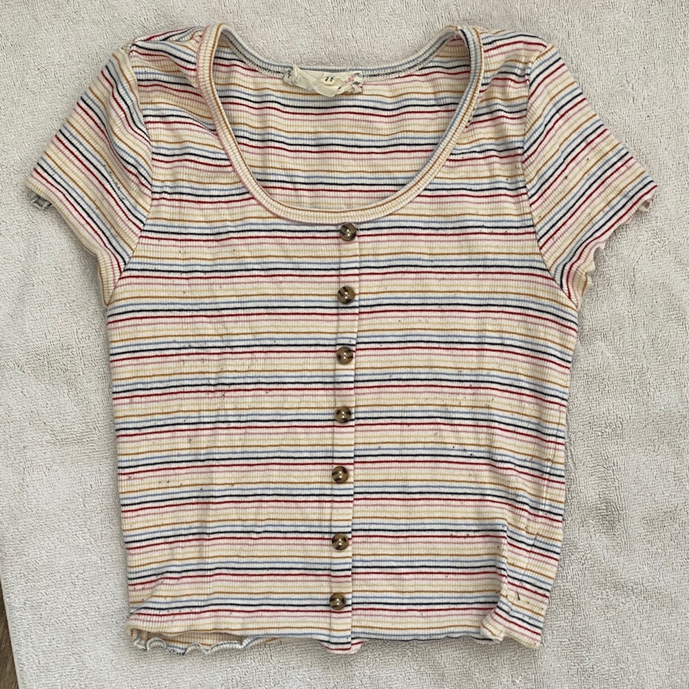 Striped Scoop Neck Button-Front Crop Top - Multicolor